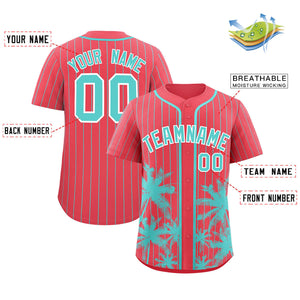 Custom Light Red Bright Green Pinstripe Coconut Tree Pattern Authentic Baseball Jersey