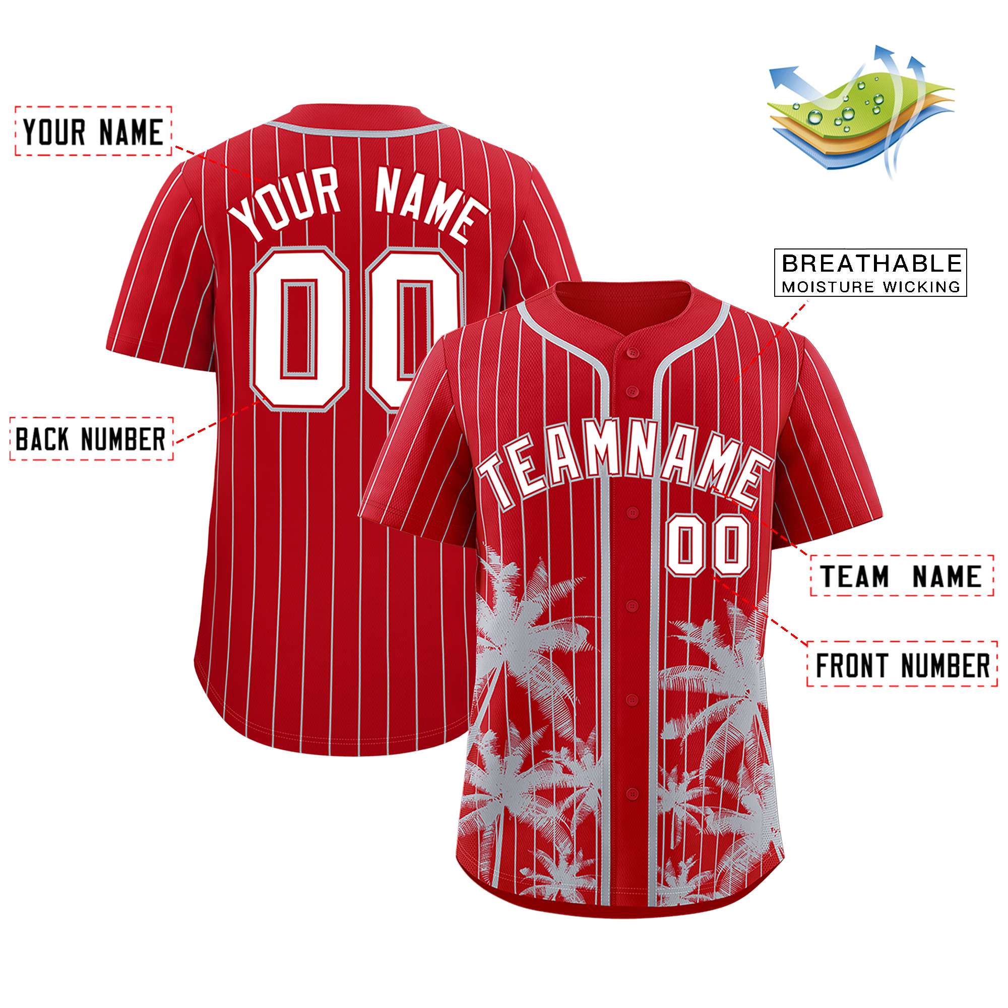 Custom Red Gray Pinstripe Coconut Tree Pattern Authentic Baseball Jersey