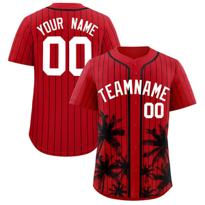 Custom Red Black Pinstripe Coconut Tree Pattern Authentic Baseball Jersey