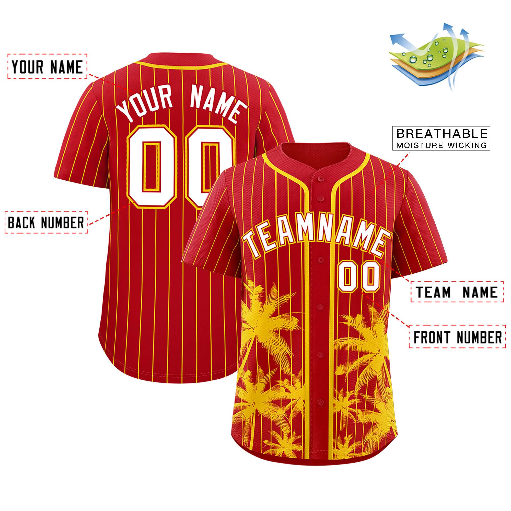 Custom Red Gold Pinstripe Coconut Tree Pattern Authentic Baseball Jersey