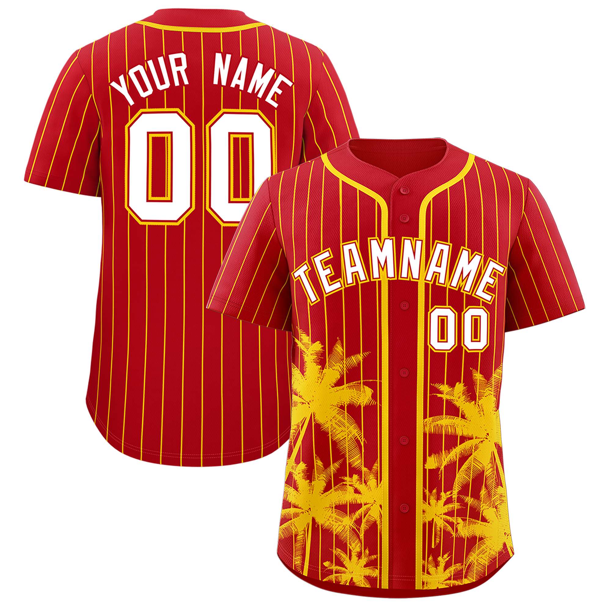 Custom Red Gold Pinstripe Coconut Tree Pattern Authentic Baseball Jersey