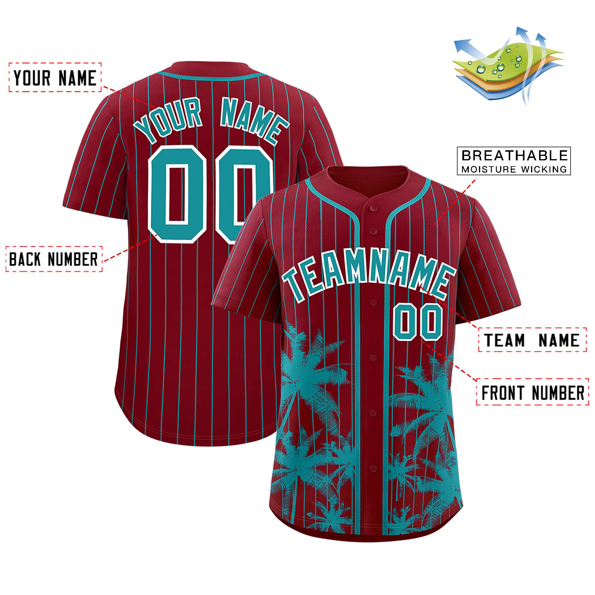 Custom Crimson Aqua Pinstripe Coconut Tree Pattern Authentic Baseball Jersey