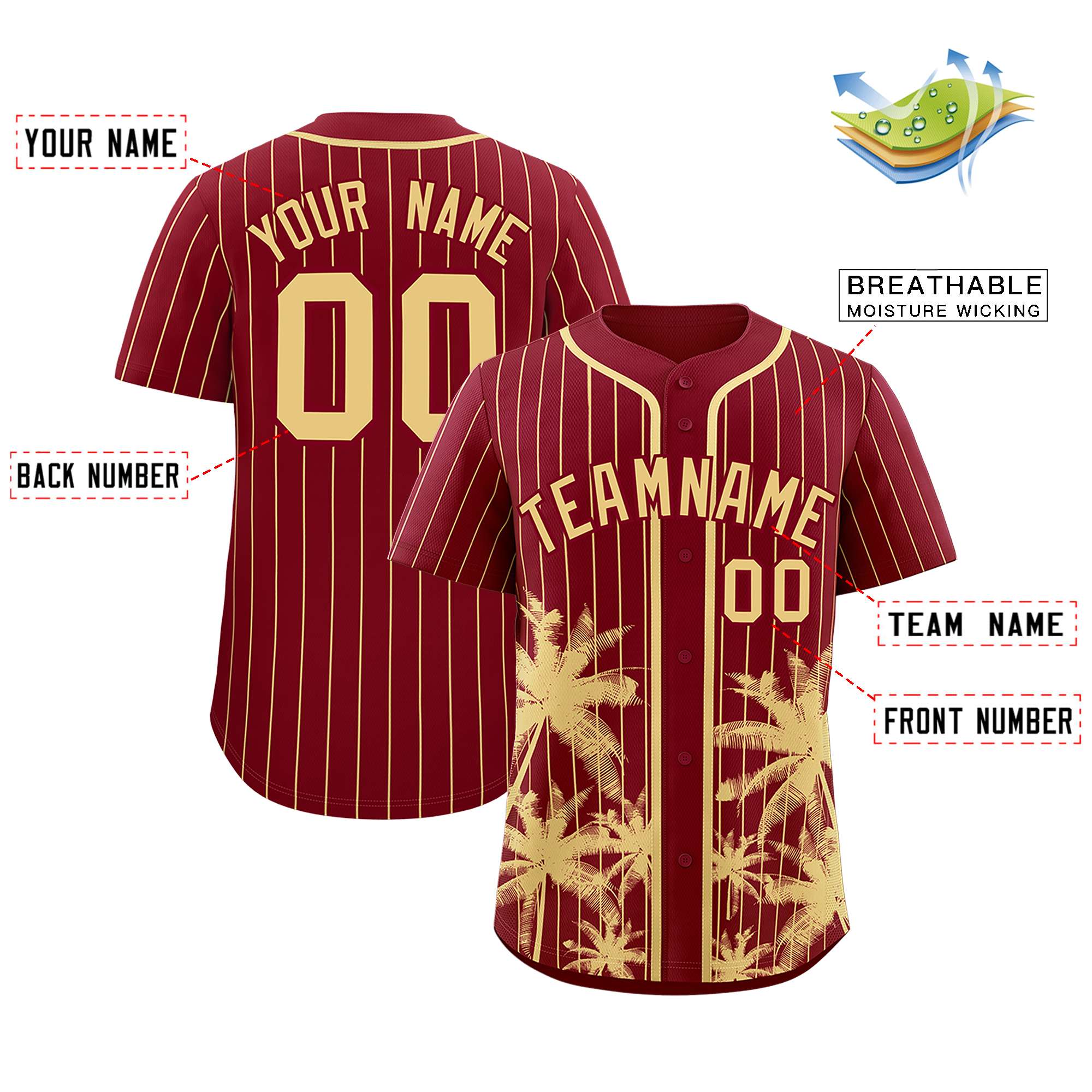 Custom Crimson Khaki Pinstripe Coconut Tree Pattern Authentic Baseball Jersey