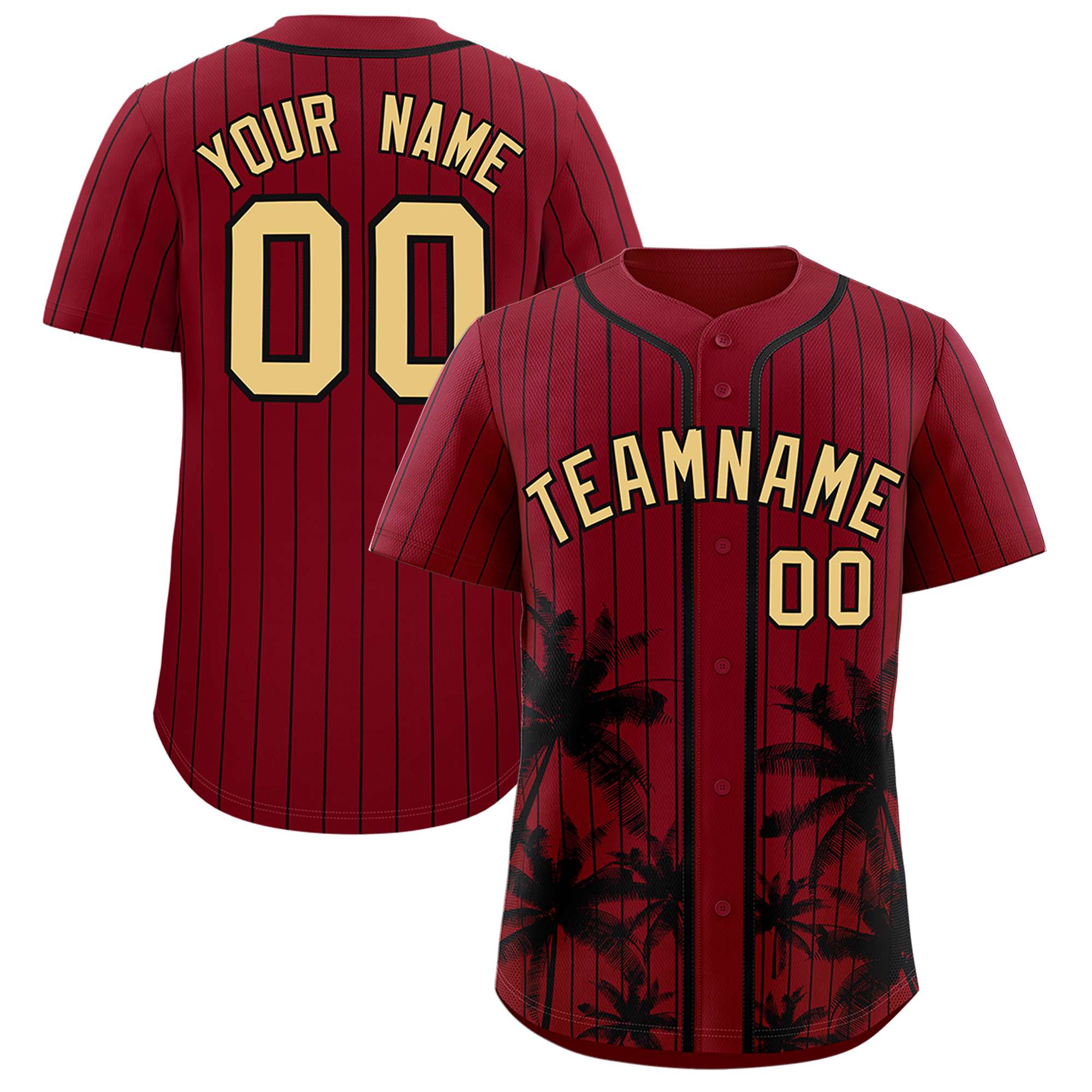 Custom Crimson Black Pinstripe Coconut Tree Pattern Authentic Baseball Jersey