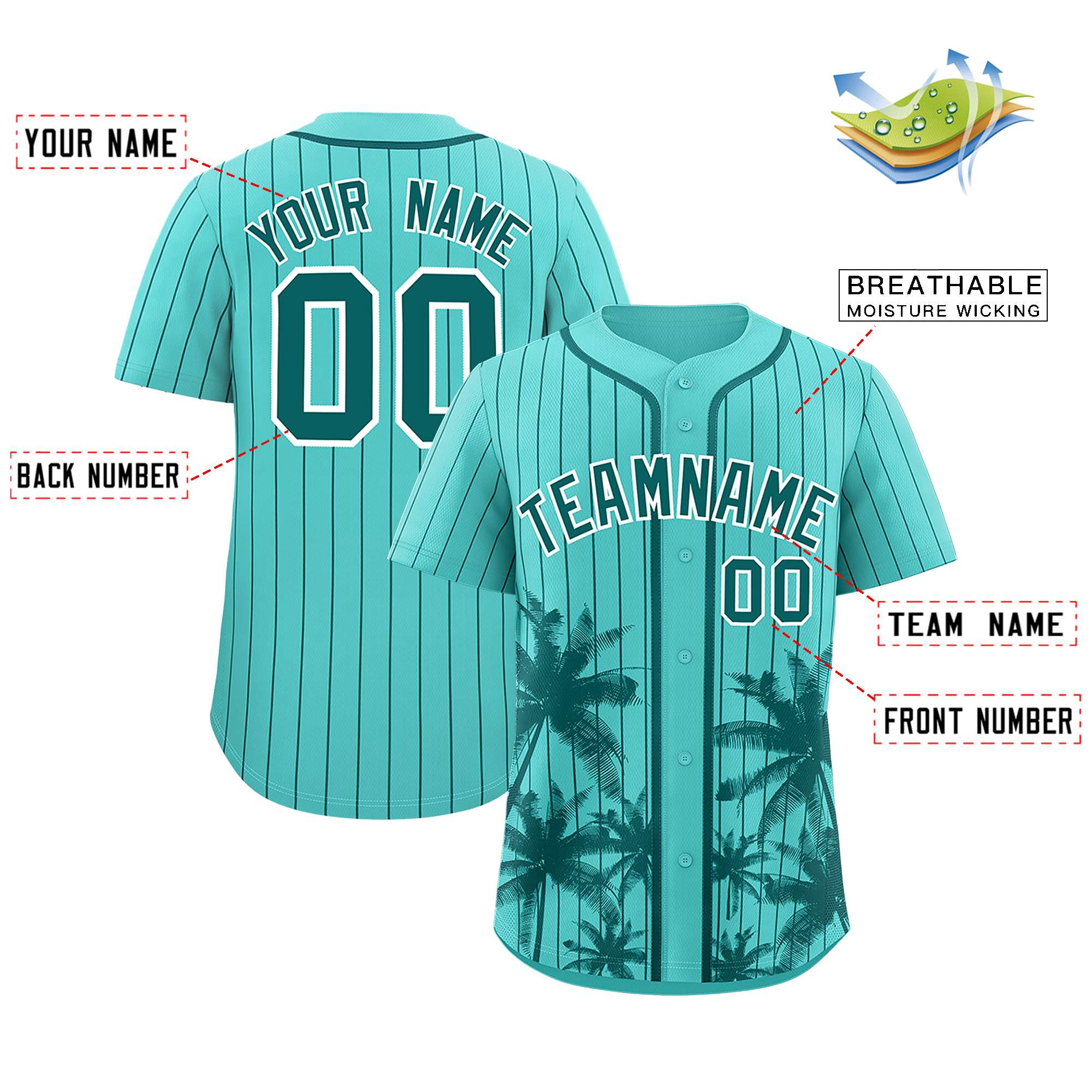 Custom Bright Green Aqua Pinstripe Coconut Tree Pattern Authentic Baseball Jersey