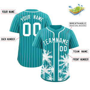 Custom Aqua White Pinstripe Coconut Tree Pattern Authentic Baseball Jersey