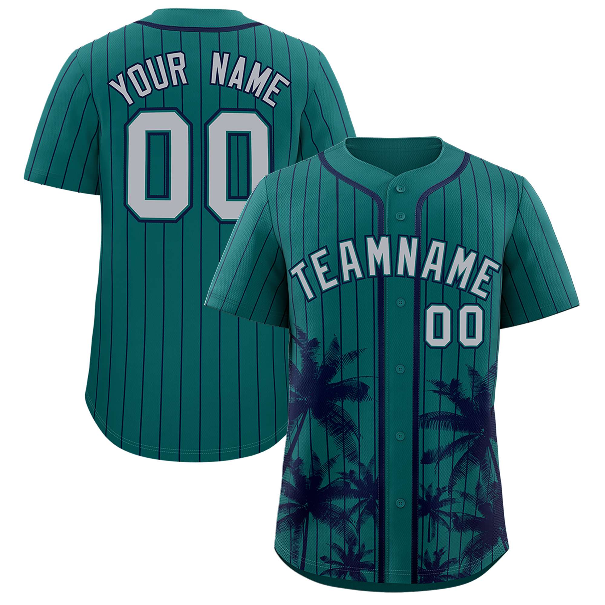 Custom Aqua Navy Pinstripe Coconut Tree Pattern Authentic Baseball Jersey