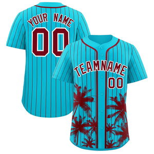 Custom Sky Blue Crimson Pinstripe Coconut Tree Pattern Authentic Baseball Jersey