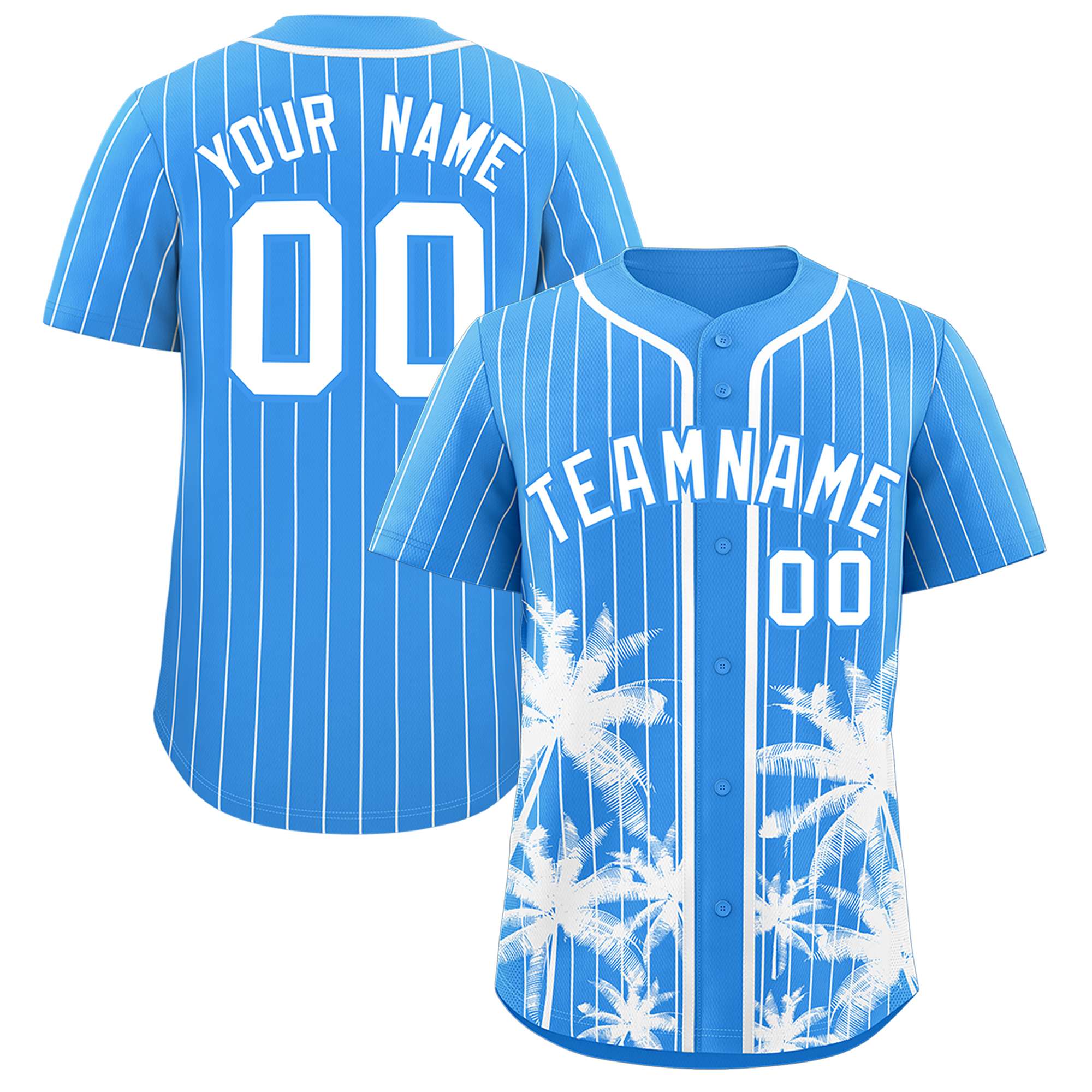 Custom Powder Blue White Pinstripe Coconut Tree Pattern Authentic Baseball Jersey