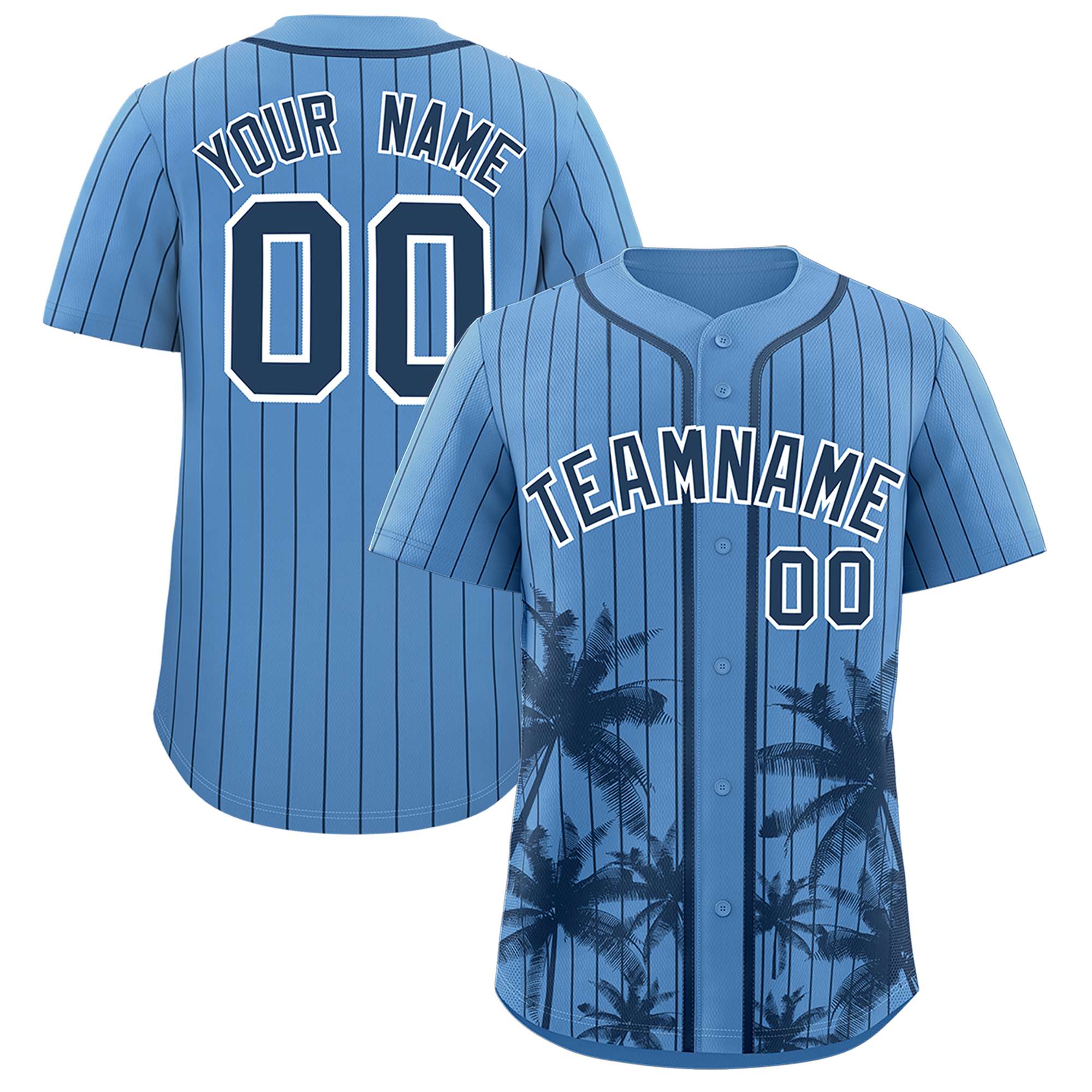 Custom Light Blue Navy Pinstripe Coconut Tree Pattern Authentic Baseball Jersey