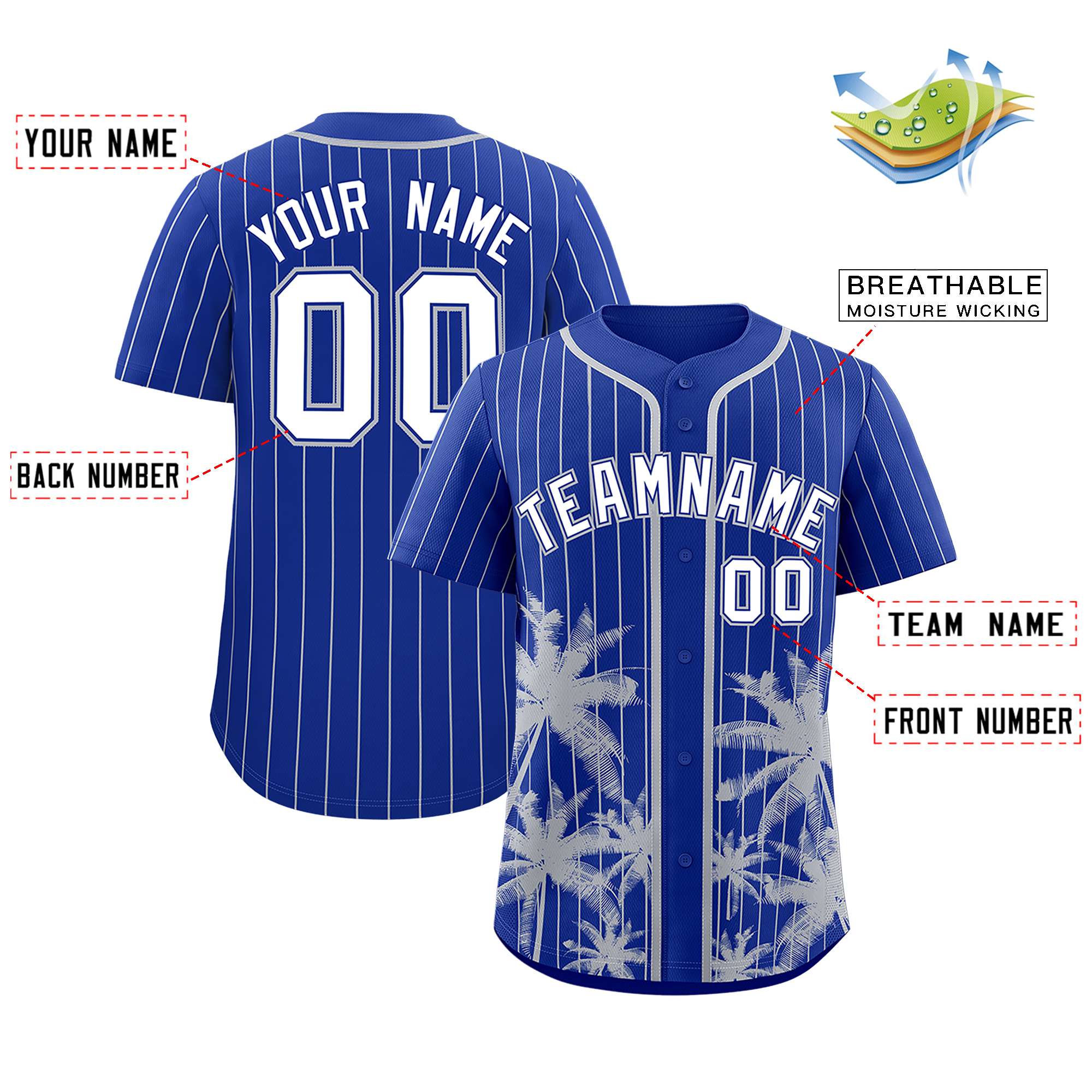 Custom Royal Gray Pinstripe Coconut Tree Pattern Authentic Baseball Jersey