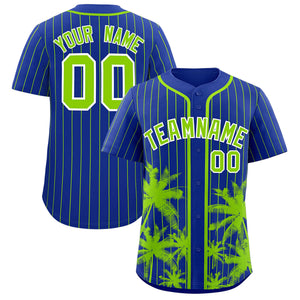 Custom Royal Neon Green Pinstripe Coconut Tree Pattern Authentic Baseball Jersey