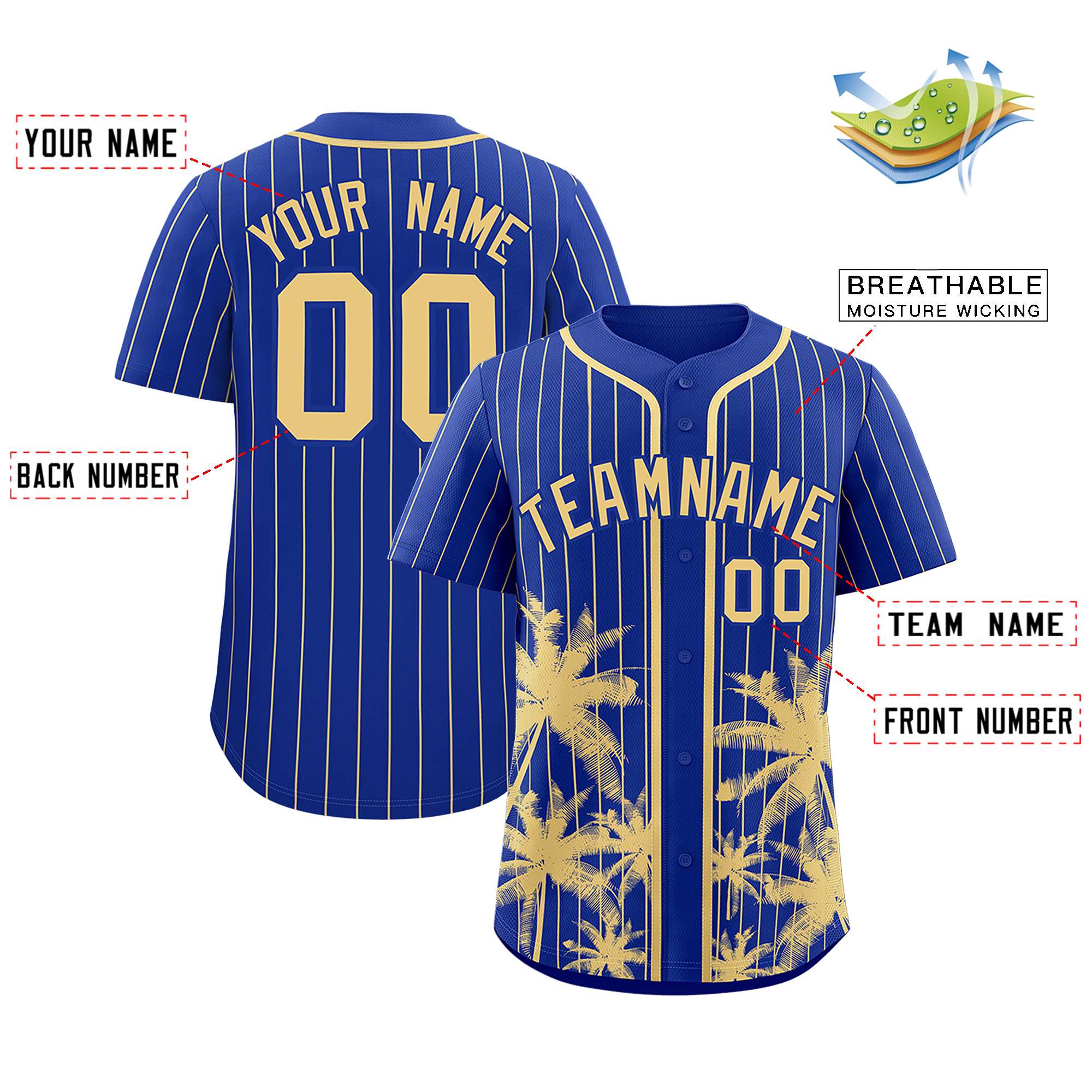 Custom Royal Khaki Pinstripe Coconut Tree Pattern Authentic Baseball Jersey