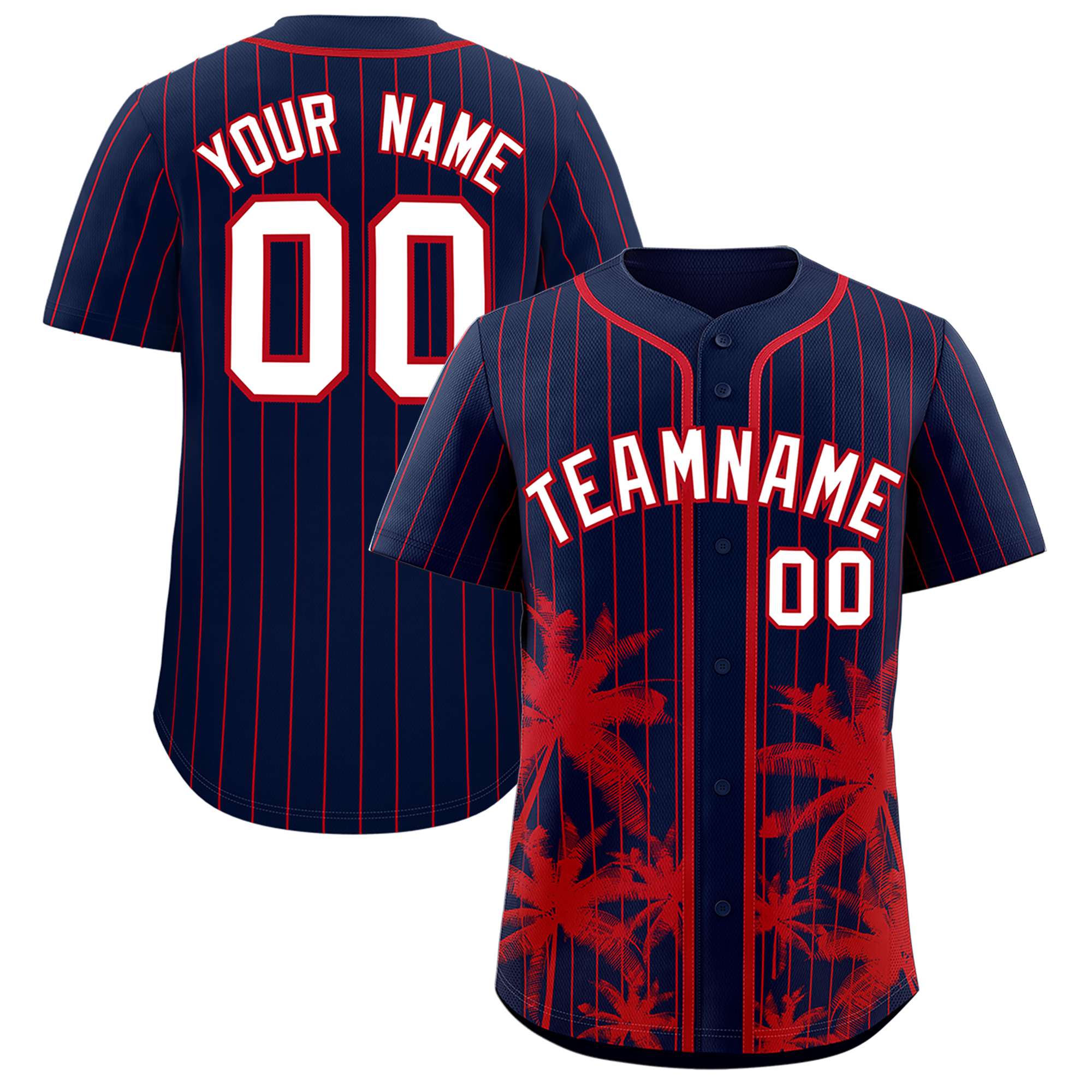 Custom Navy Red Pinstripe Coconut Tree Pattern Authentic Baseball Jersey