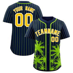 Custom Navy Neon Green Pinstripe Coconut Tree Pattern Authentic Baseball Jersey