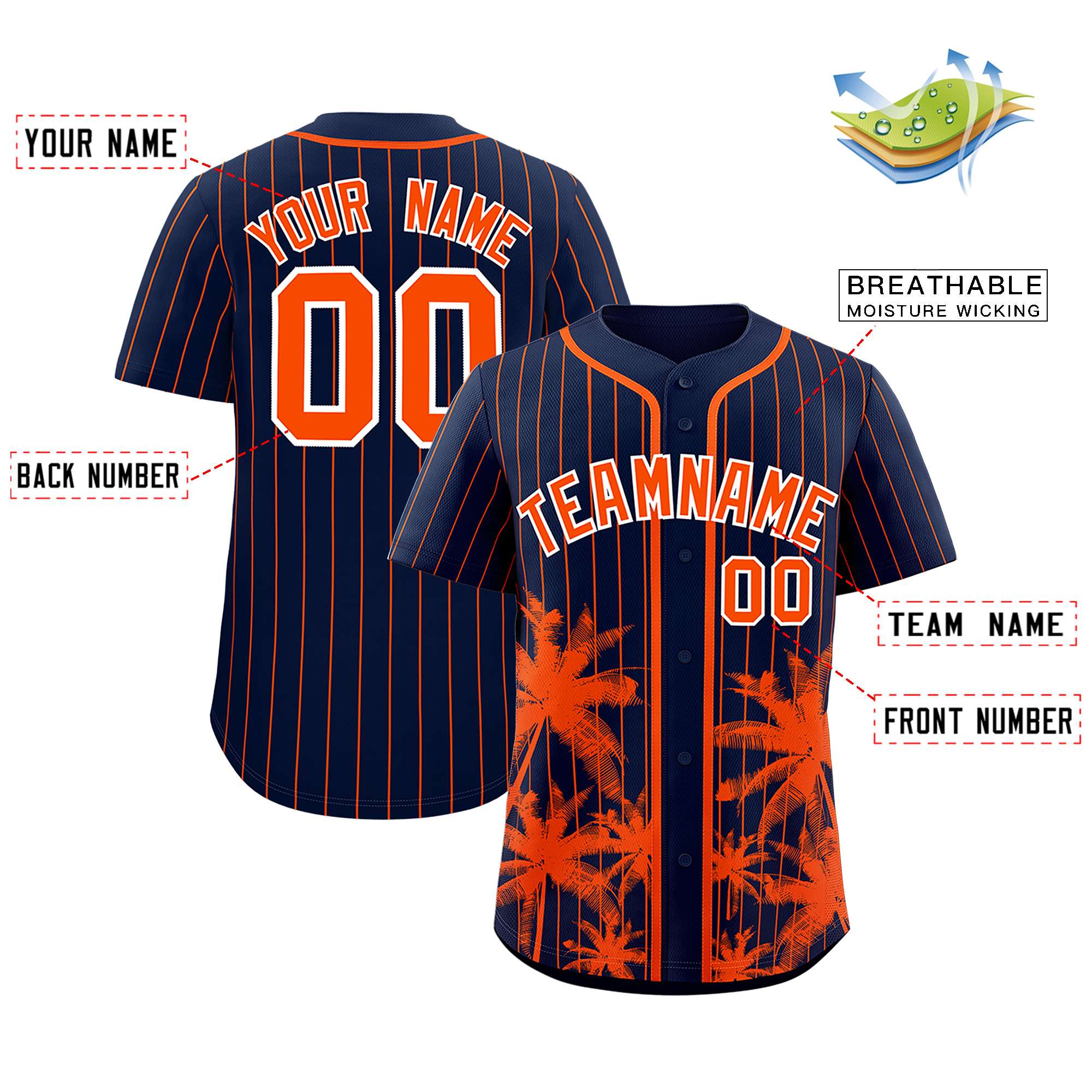 Custom Navy Orange Pinstripe Coconut Tree Pattern Authentic Baseball Jersey