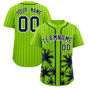 Custom Neon Green Navy Pinstripe Coconut Tree Pattern Authentic Baseball Jersey