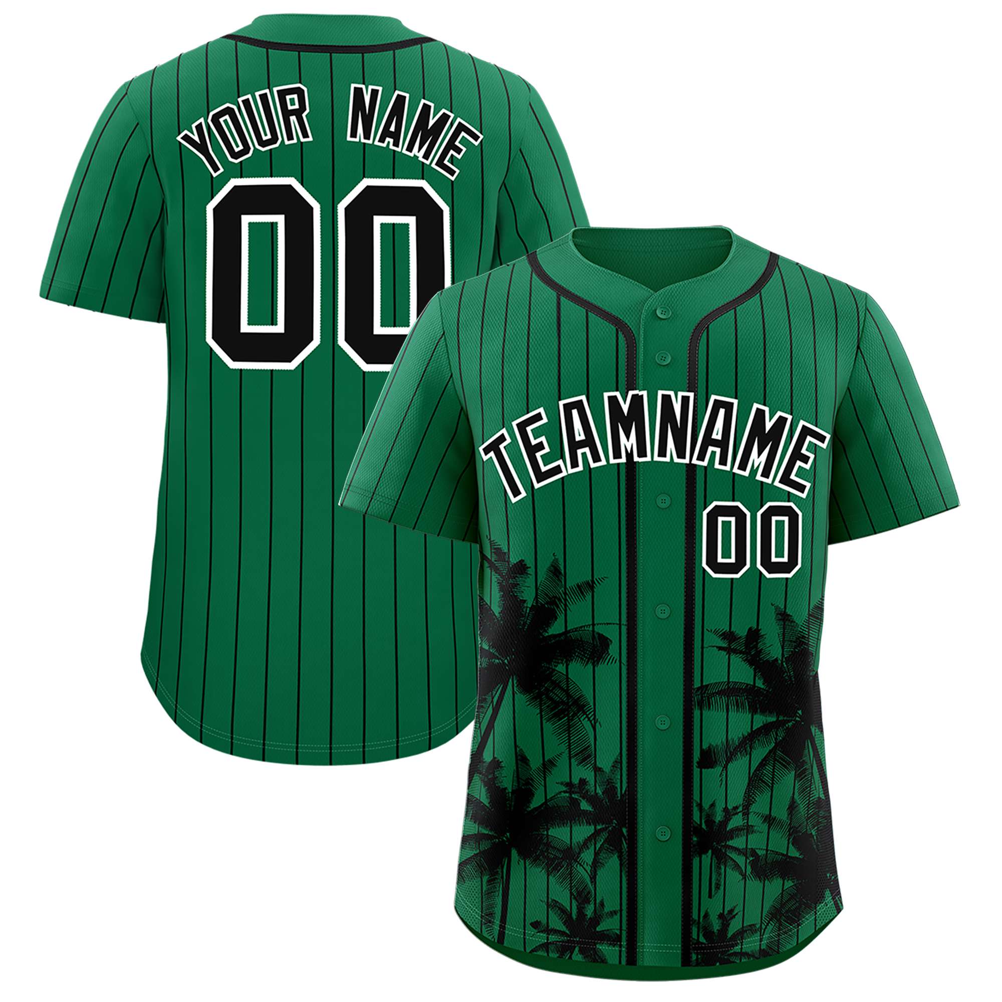 Custom Kelly Green Black Pinstripe Coconut Tree Pattern Authentic Baseball Jersey