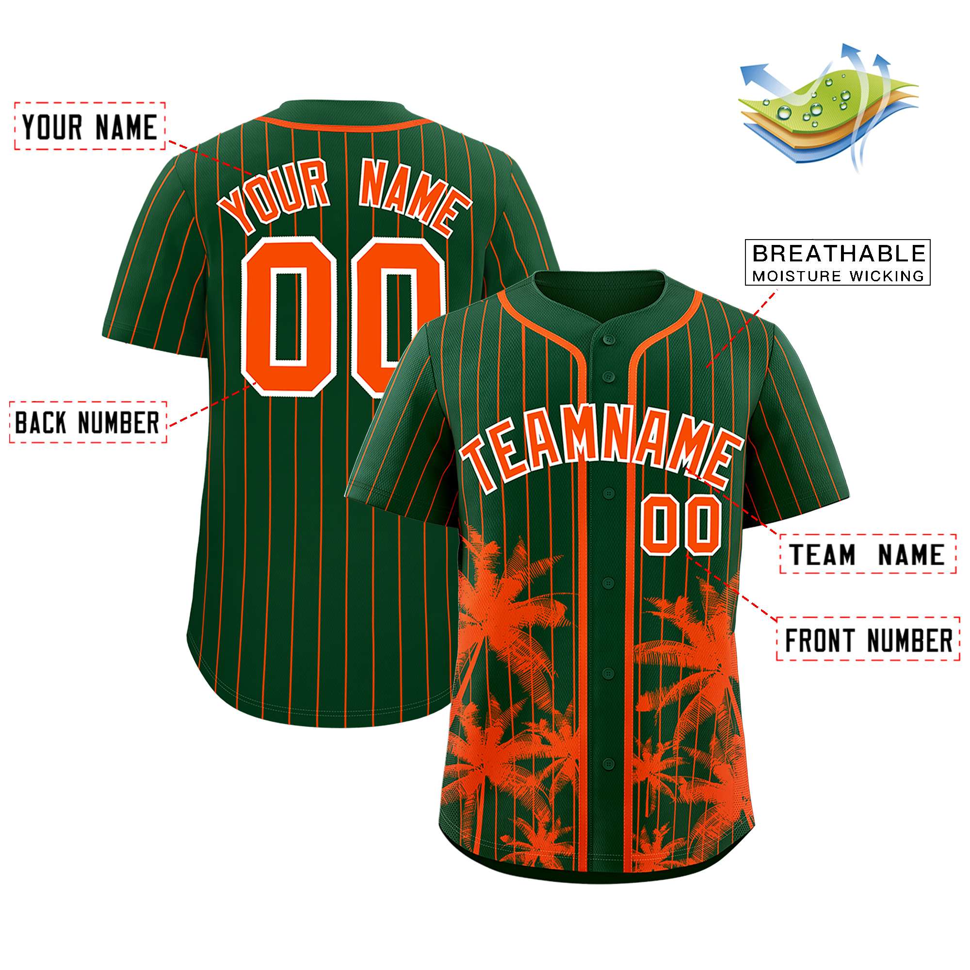 Custom Green Orange Pinstripe Coconut Tree Pattern Authentic Baseball Jersey