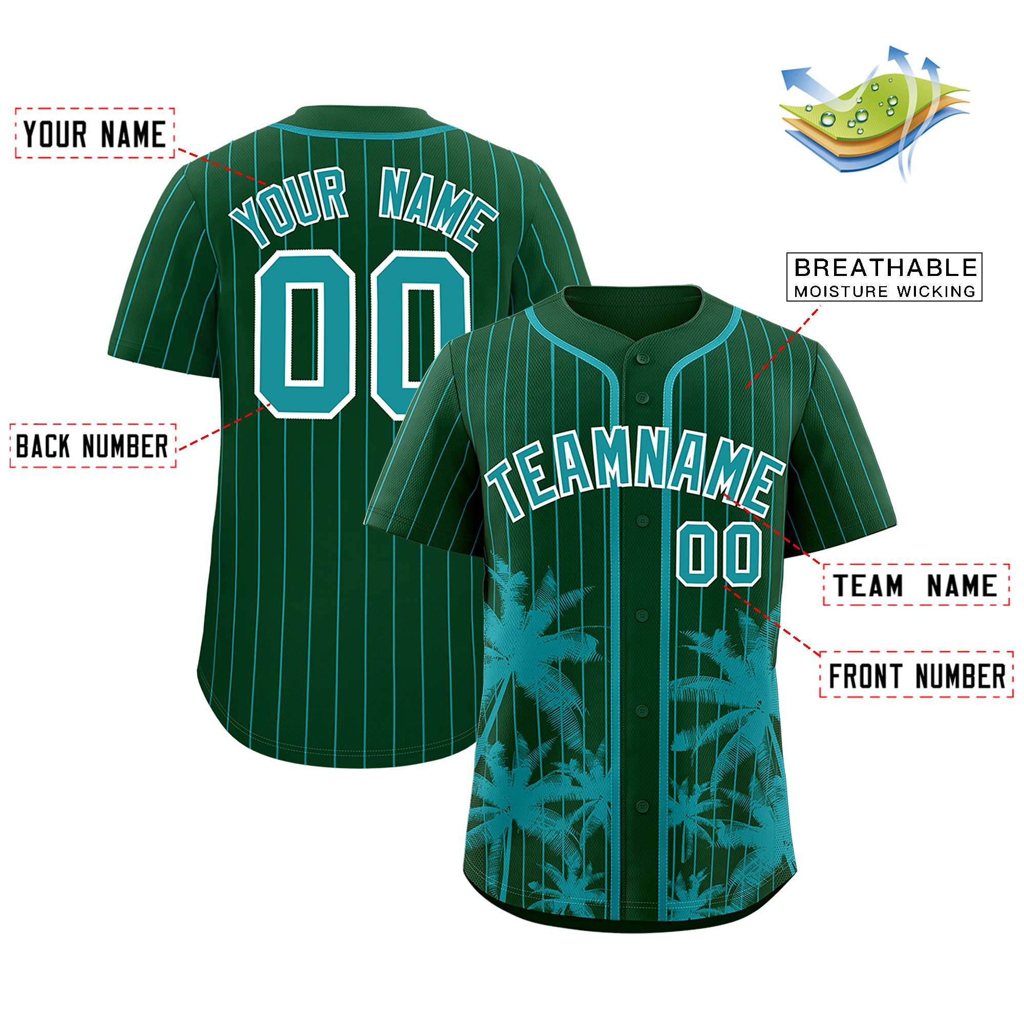 Custom Green Aqua Pinstripe Coconut Tree Pattern Authentic Baseball Jersey