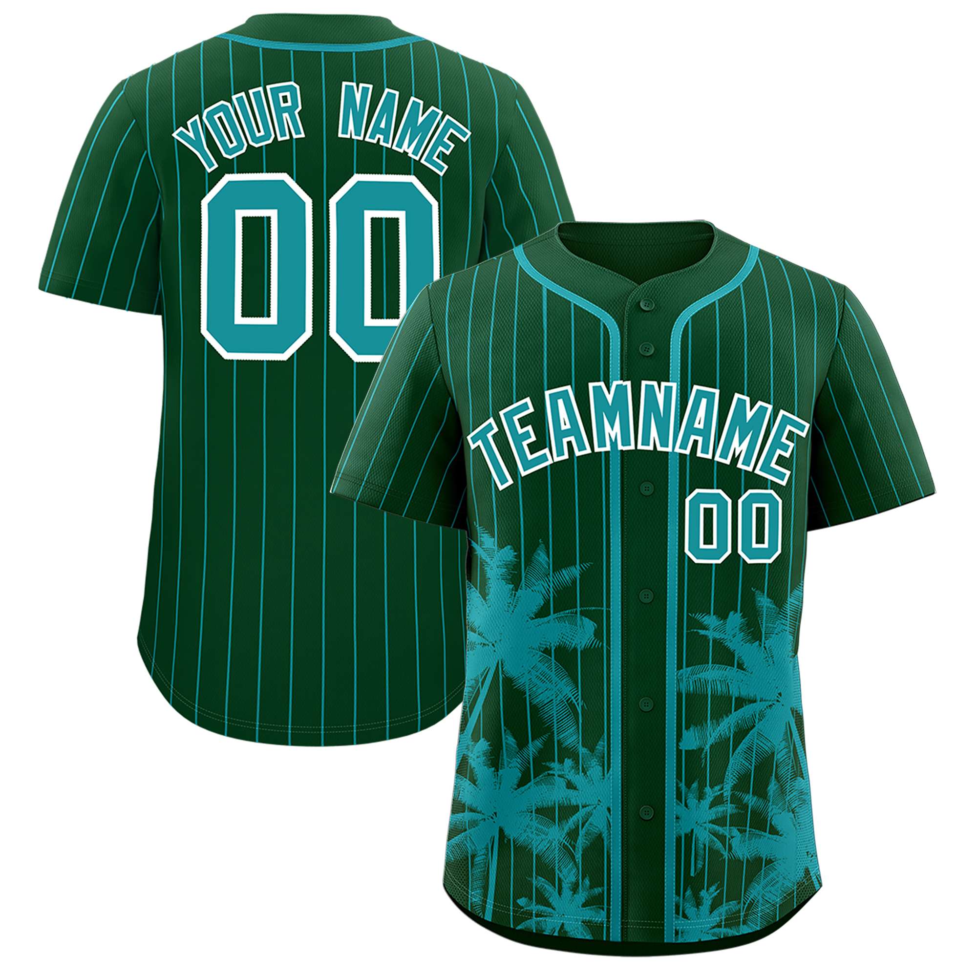 Custom Green Aqua Pinstripe Coconut Tree Pattern Authentic Baseball Jersey