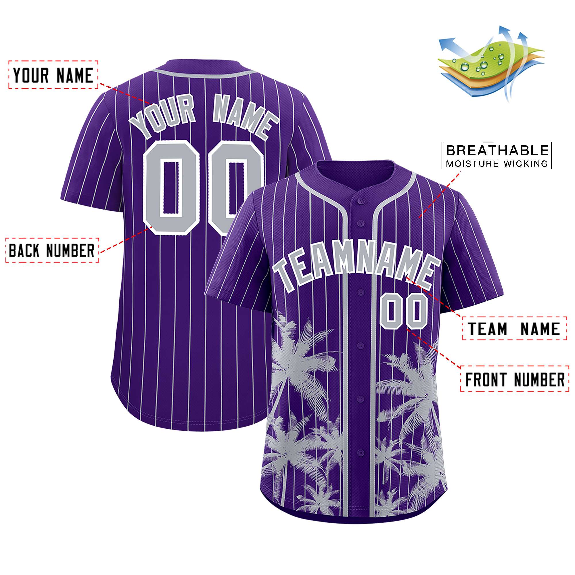 Custom Purple Gray Pinstripe Coconut Tree Pattern Authentic Baseball Jersey