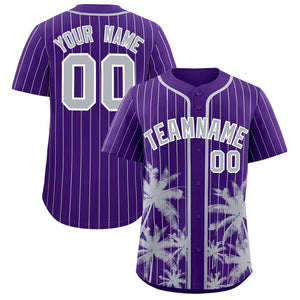 Custom Purple Gray Pinstripe Coconut Tree Pattern Authentic Baseball Jersey