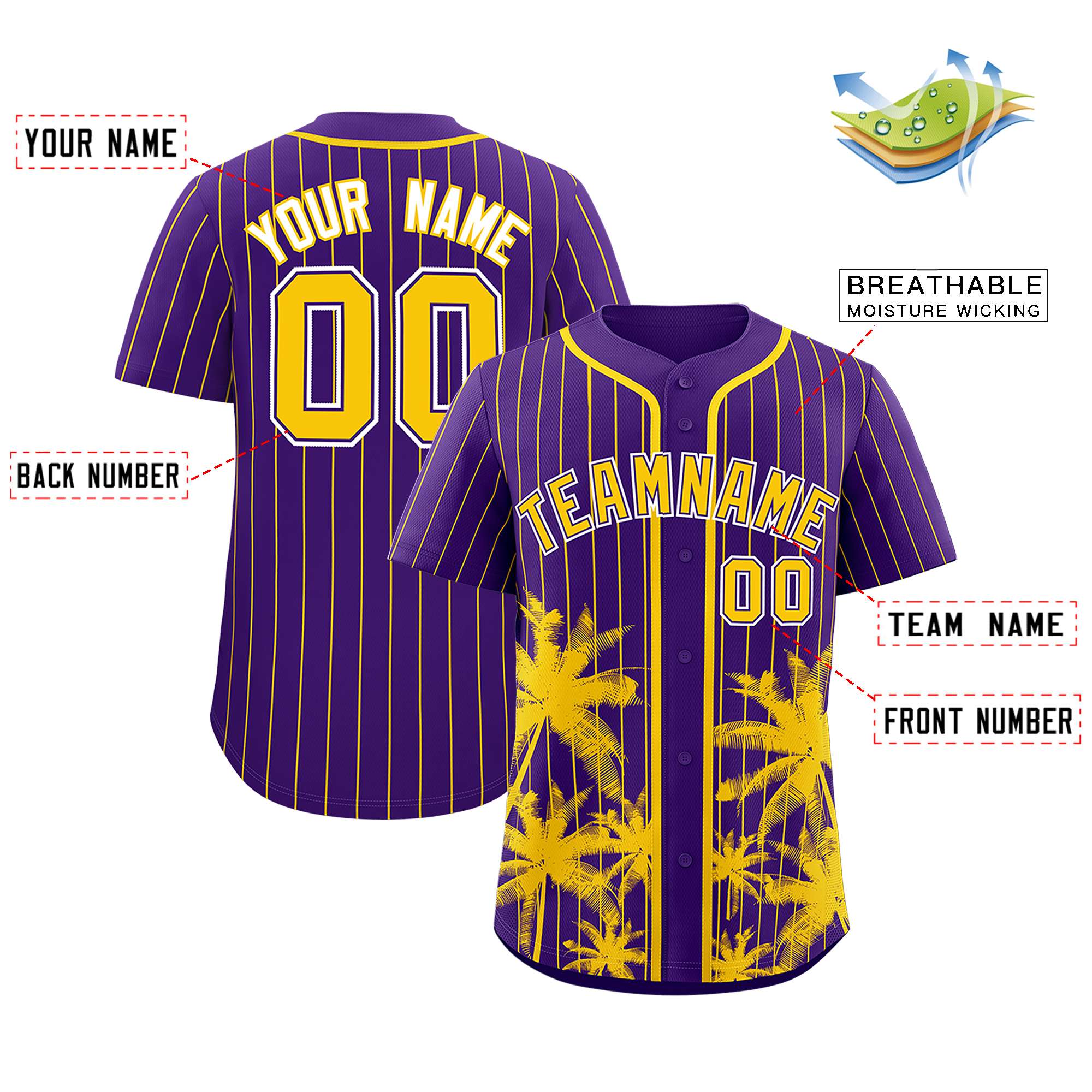 Custom Purple Gold Pinstripe Coconut Tree Pattern Authentic Baseball Jersey