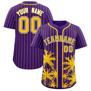 Custom Purple Gold Pinstripe Coconut Tree Pattern Authentic Baseball Jersey