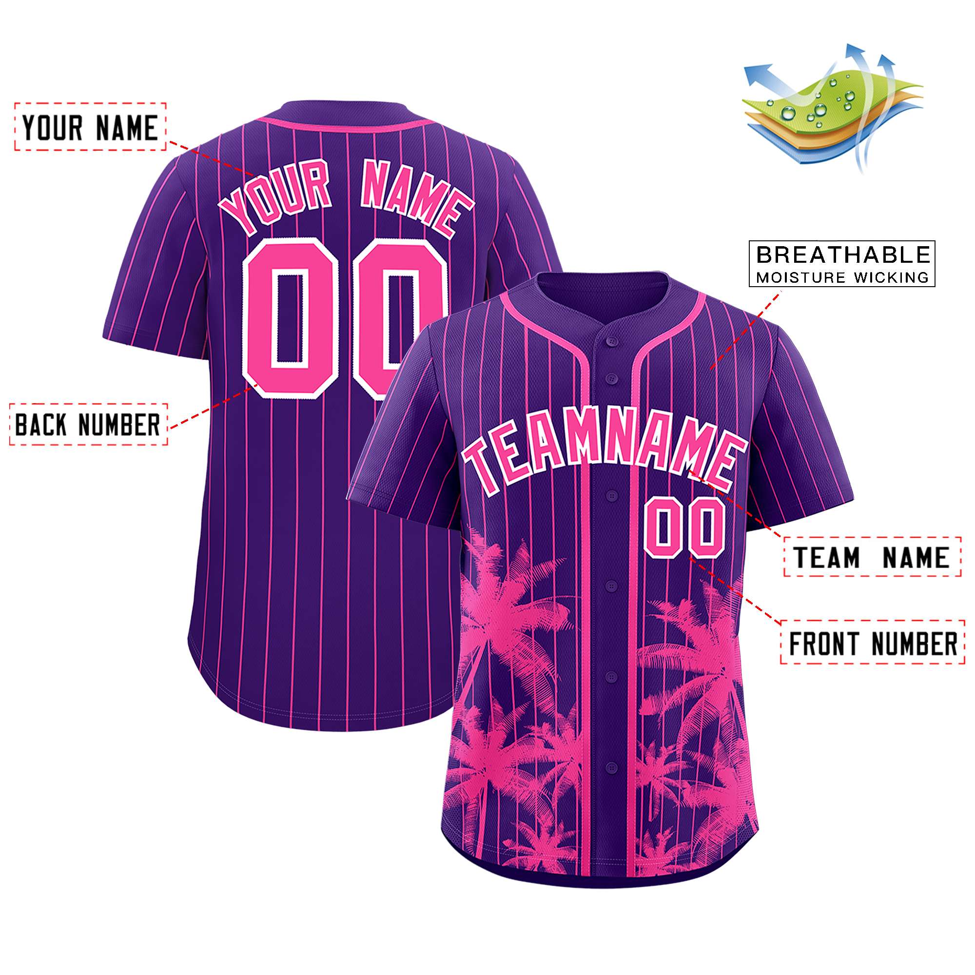 Custom Purple Pink Pinstripe Coconut Tree Pattern Authentic Baseball Jersey