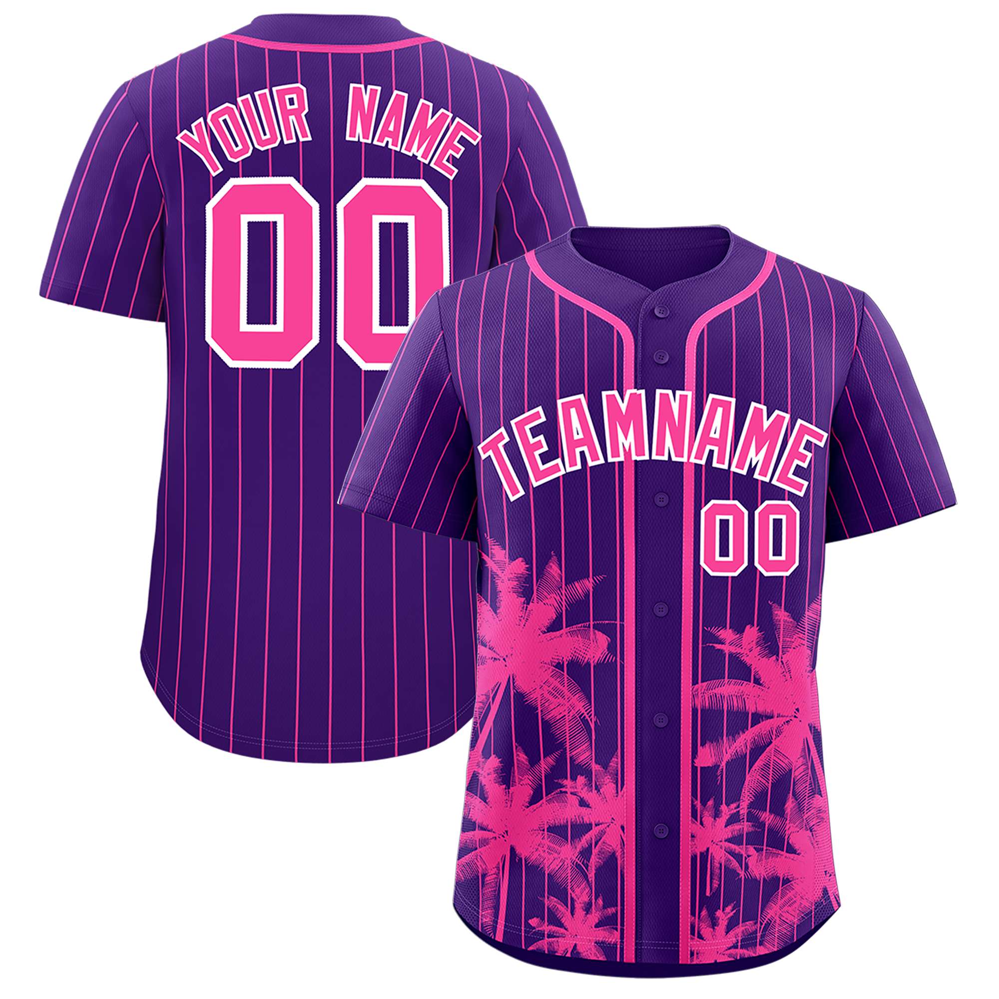 Custom Purple Pink Pinstripe Coconut Tree Pattern Authentic Baseball Jersey