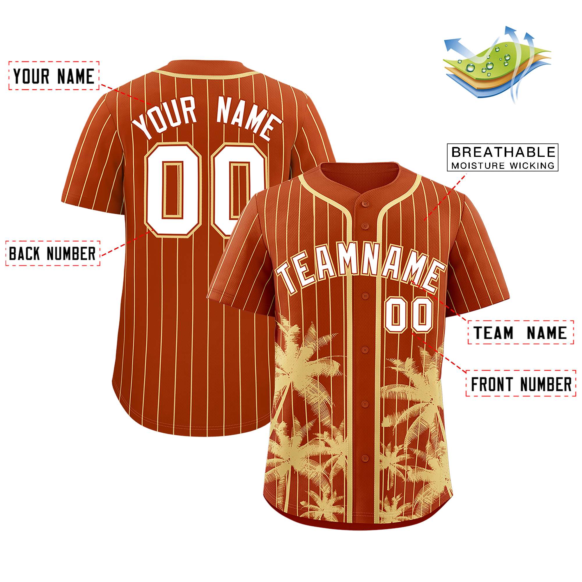 Custom Texas Orange Khaki Pinstripe Coconut Tree Pattern Authentic Baseball Jersey