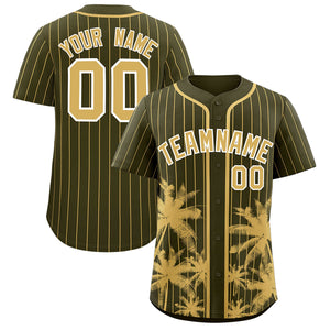 Custom Olive Old Gold Pinstripe Coconut Tree Pattern Authentic Baseball Jersey