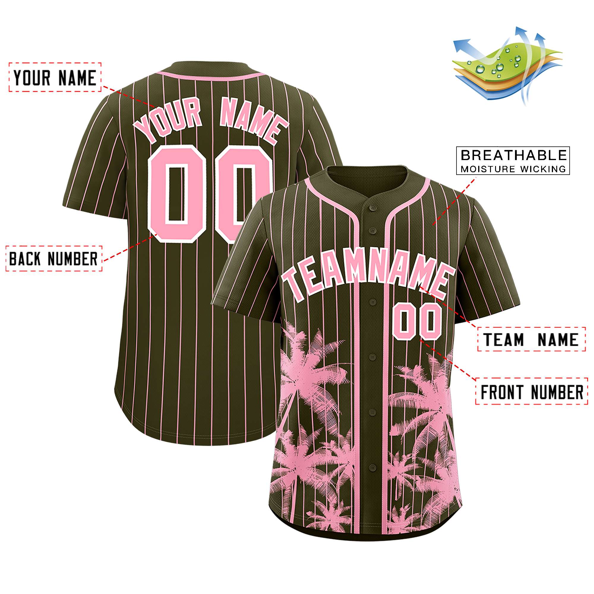 Custom Olive Light Pink Pinstripe Coconut Tree Pattern Authentic Baseball Jersey