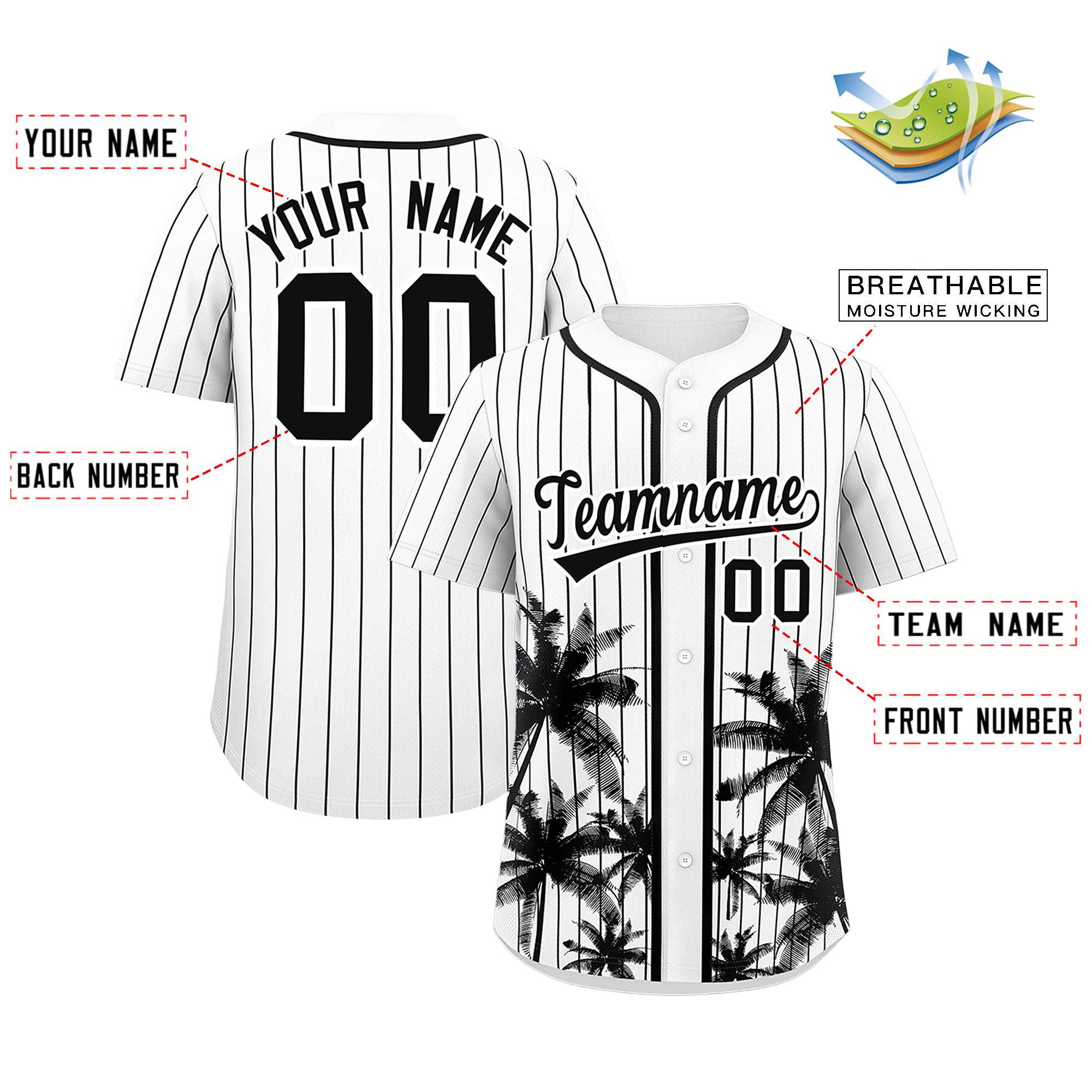 Custom White Black Pinstripe Coconut Tree Pattern Authentic Baseball Jersey