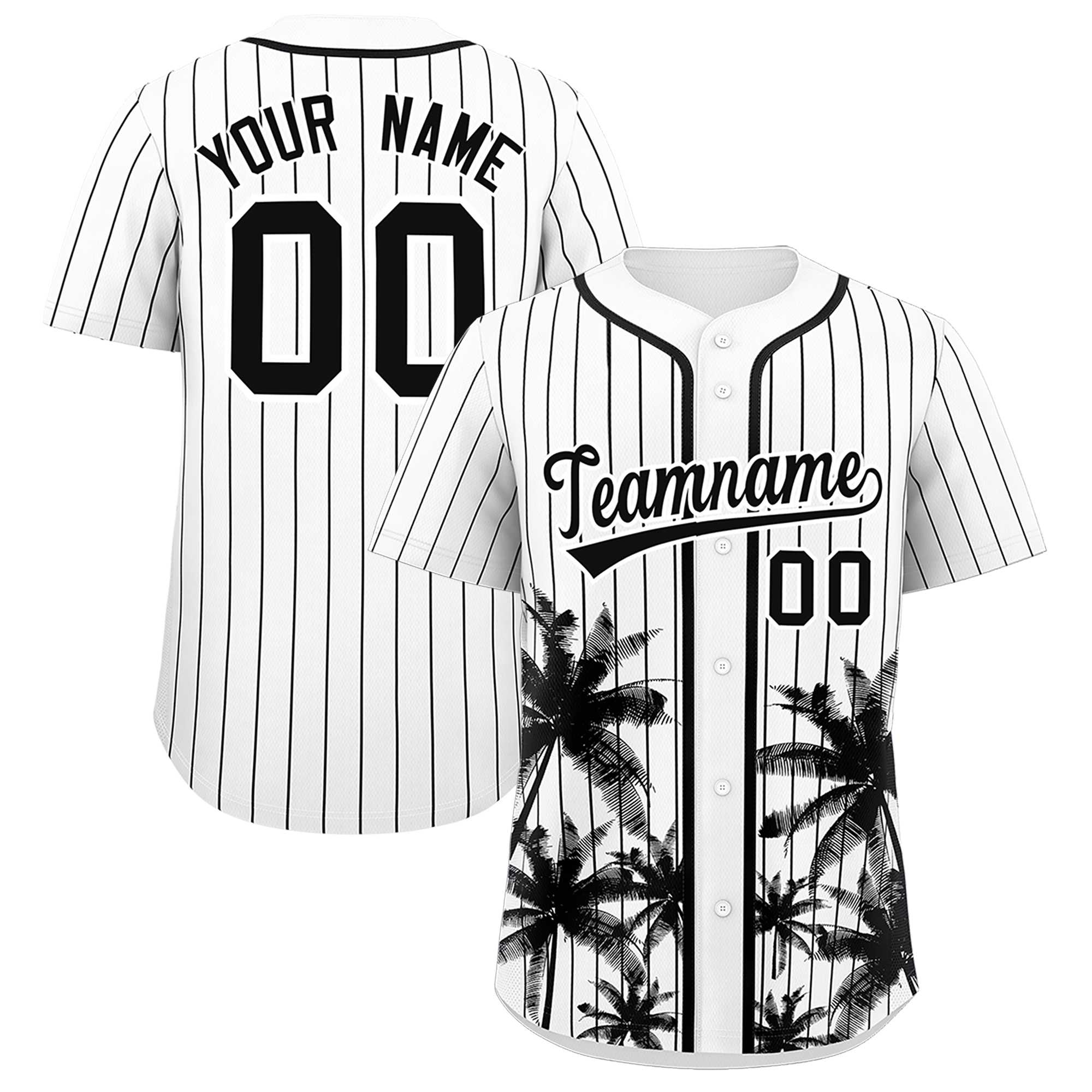 Custom White Black Pinstripe Coconut Tree Pattern Authentic Baseball Jersey