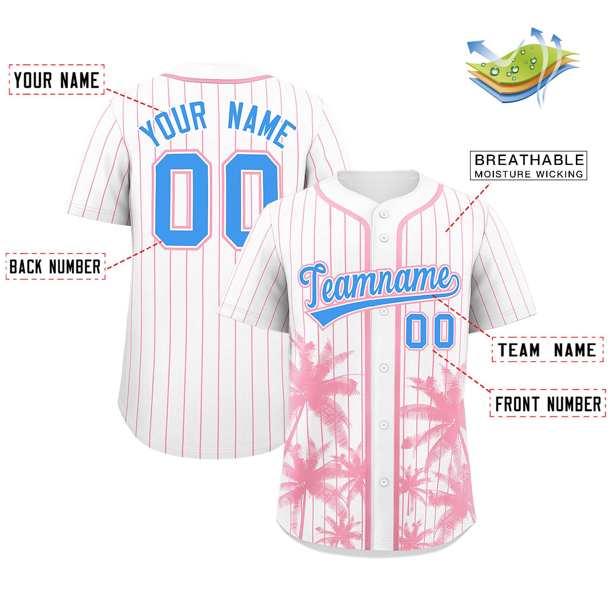 Custom White Light Pink Pinstripe Coconut Tree Pattern Authentic Baseball Jersey