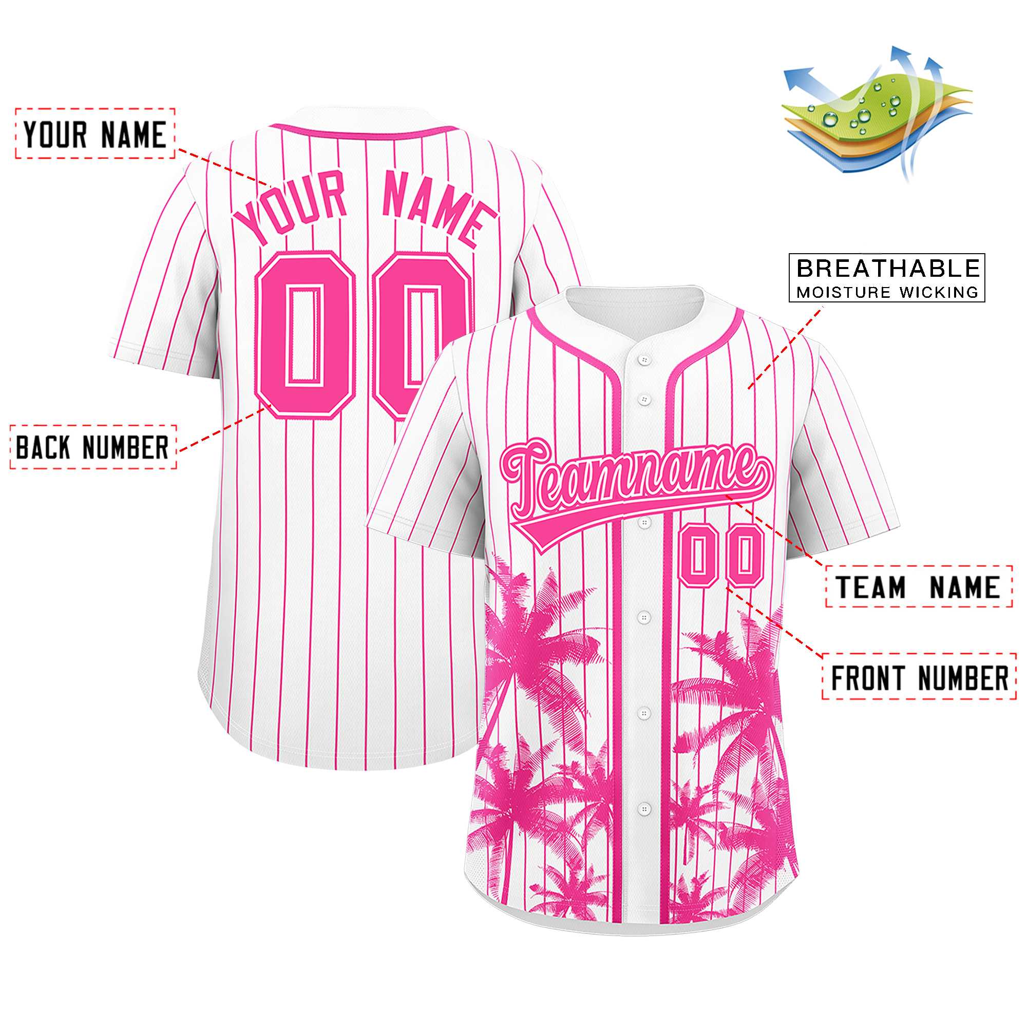 Custom White Pink Pinstripe Coconut Tree Pattern Authentic Baseball Jersey