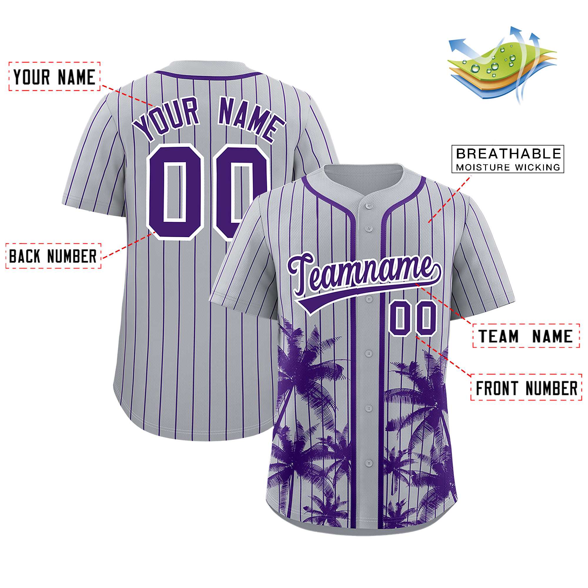 Custom Gray Purple Pinstripe Coconut Tree Pattern Authentic Baseball Jersey