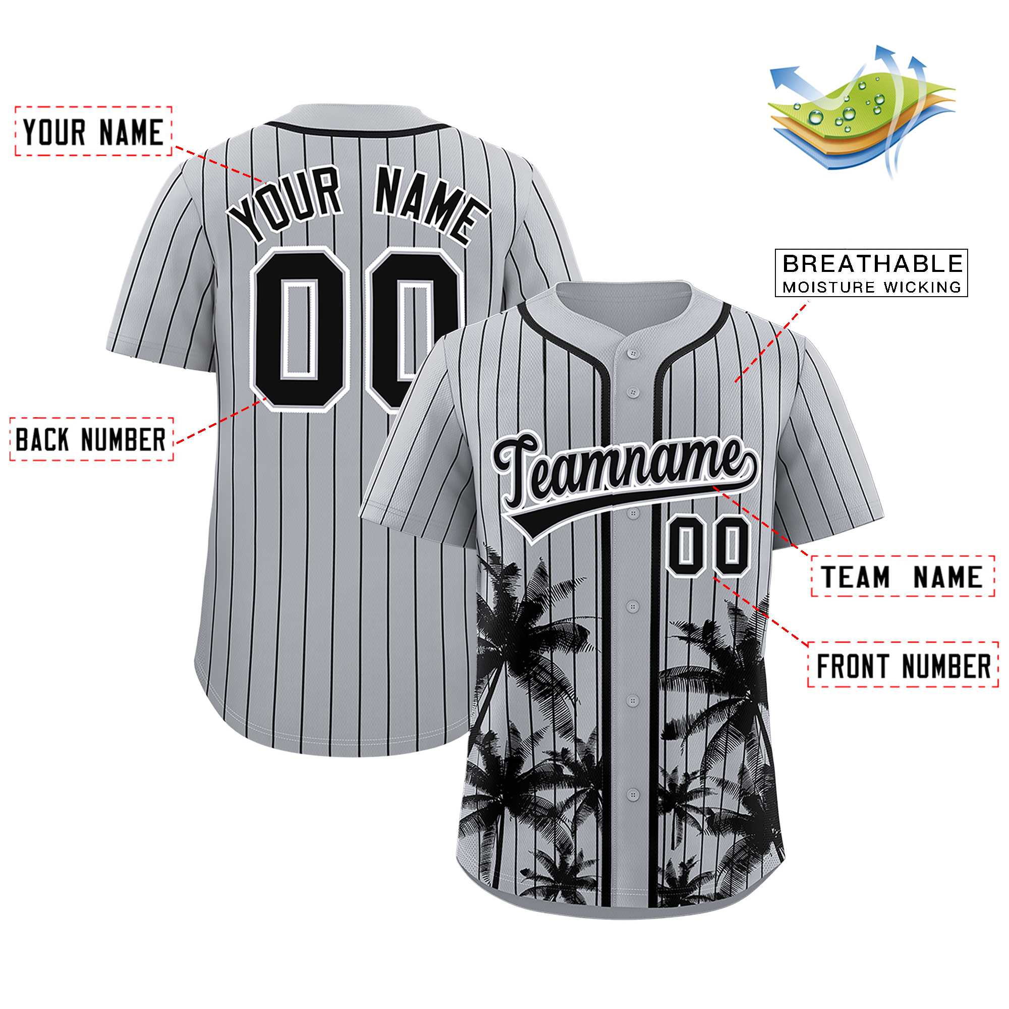 Custom Gray Black Pinstripe Coconut Tree Pattern Authentic Baseball Jersey