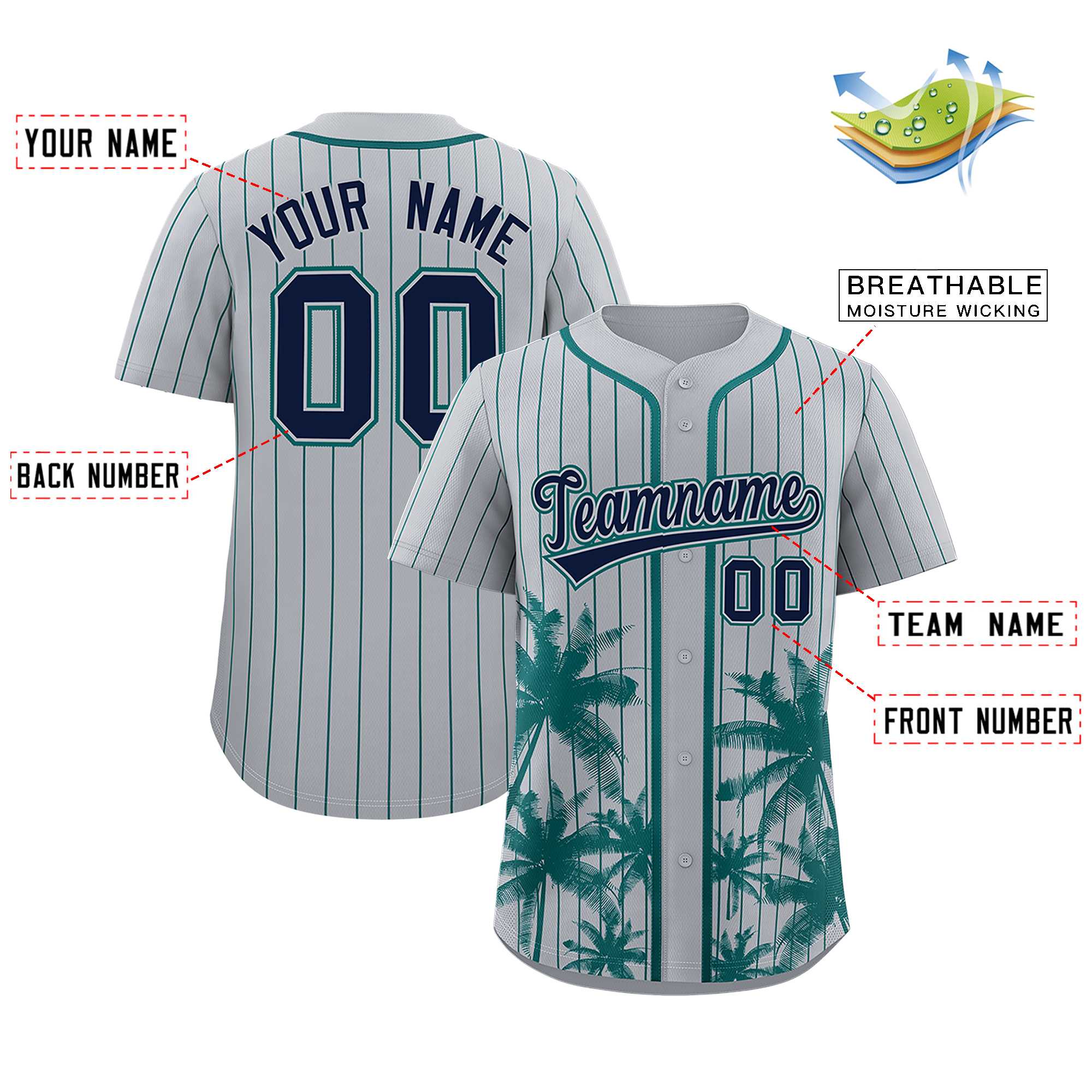 Custom Gray Aqua Pinstripe Coconut Tree Pattern Authentic Baseball Jersey