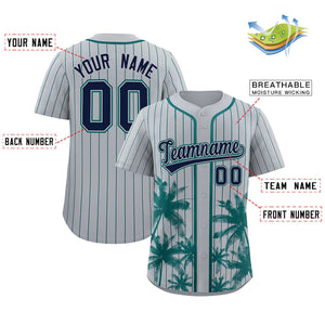 Custom Gray Aqua Pinstripe Coconut Tree Pattern Authentic Baseball Jersey