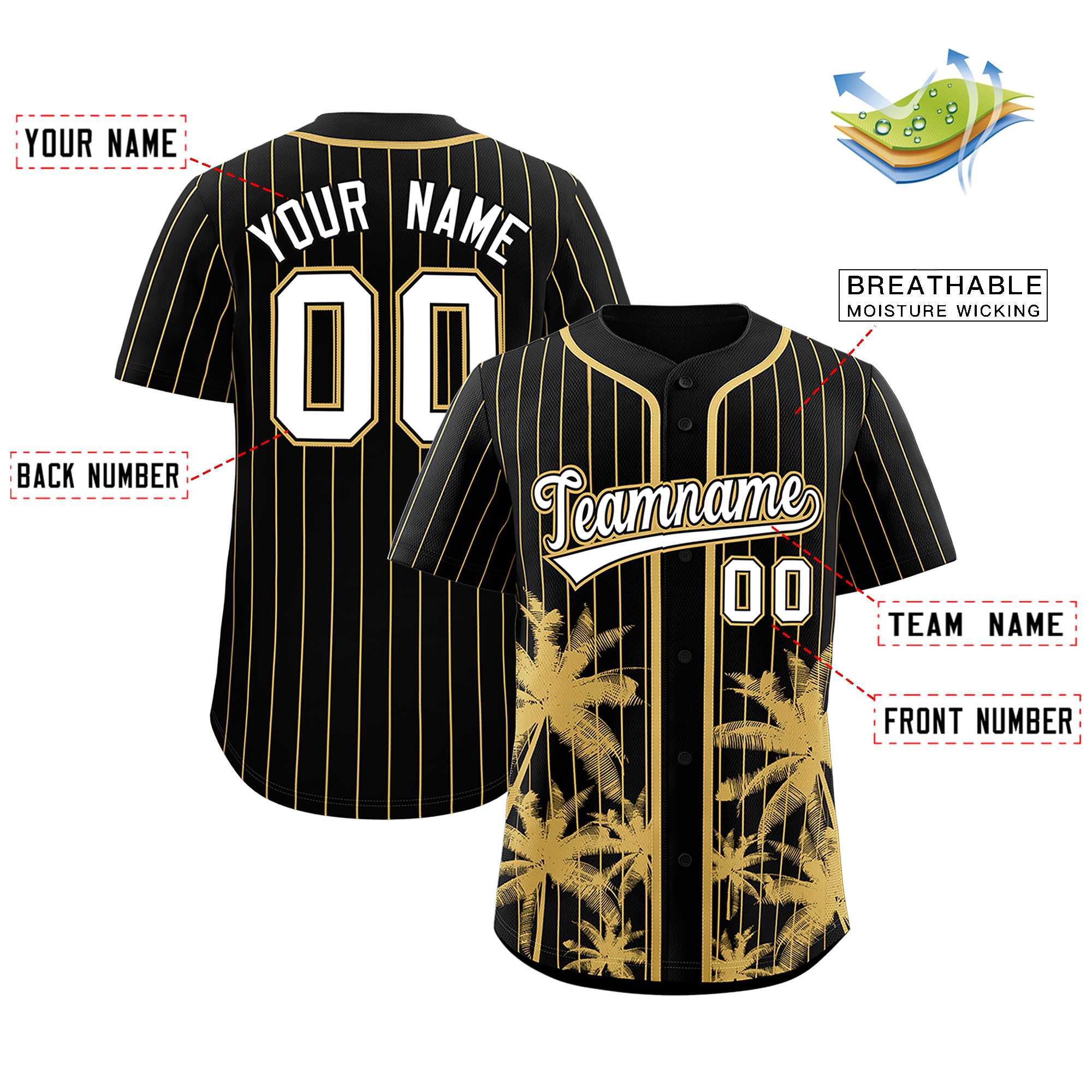 Custom Black Old Gold Pinstripe Coconut Tree Pattern Authentic Baseball Jersey