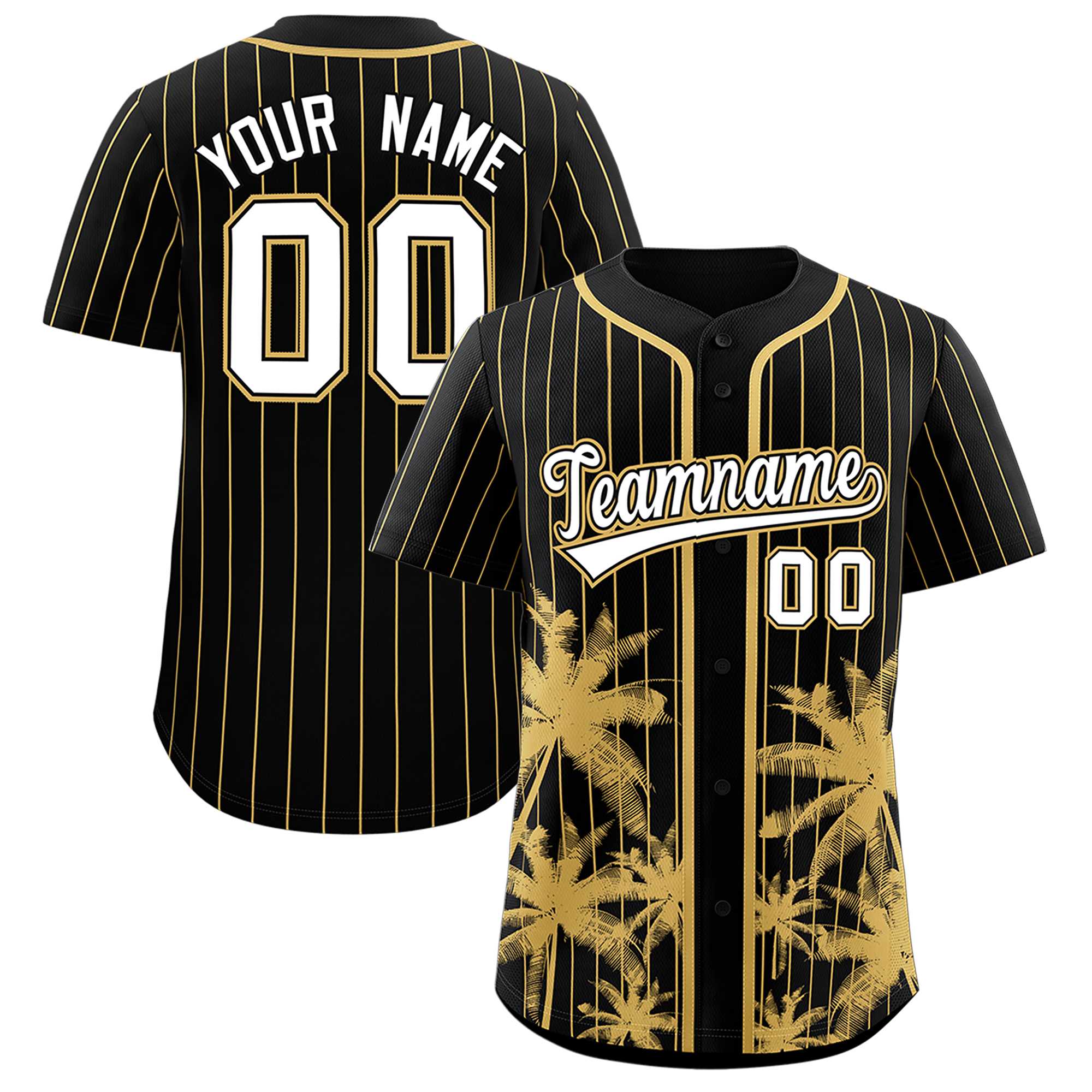 Custom Black Old Gold Pinstripe Coconut Tree Pattern Authentic Baseball Jersey