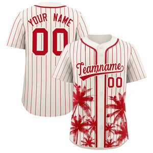 Custom Cream Red Pinstripe Coconut Tree Pattern Authentic Baseball Jersey