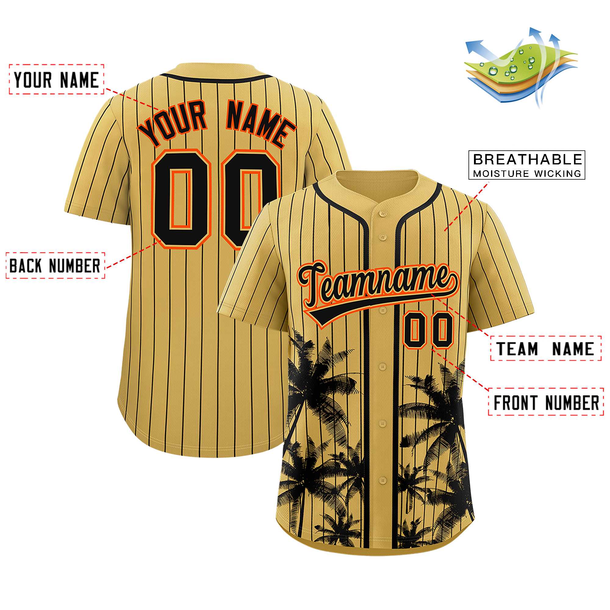 Custom Old Gold Black Pinstripe Coconut Tree Pattern Authentic Baseball Jersey