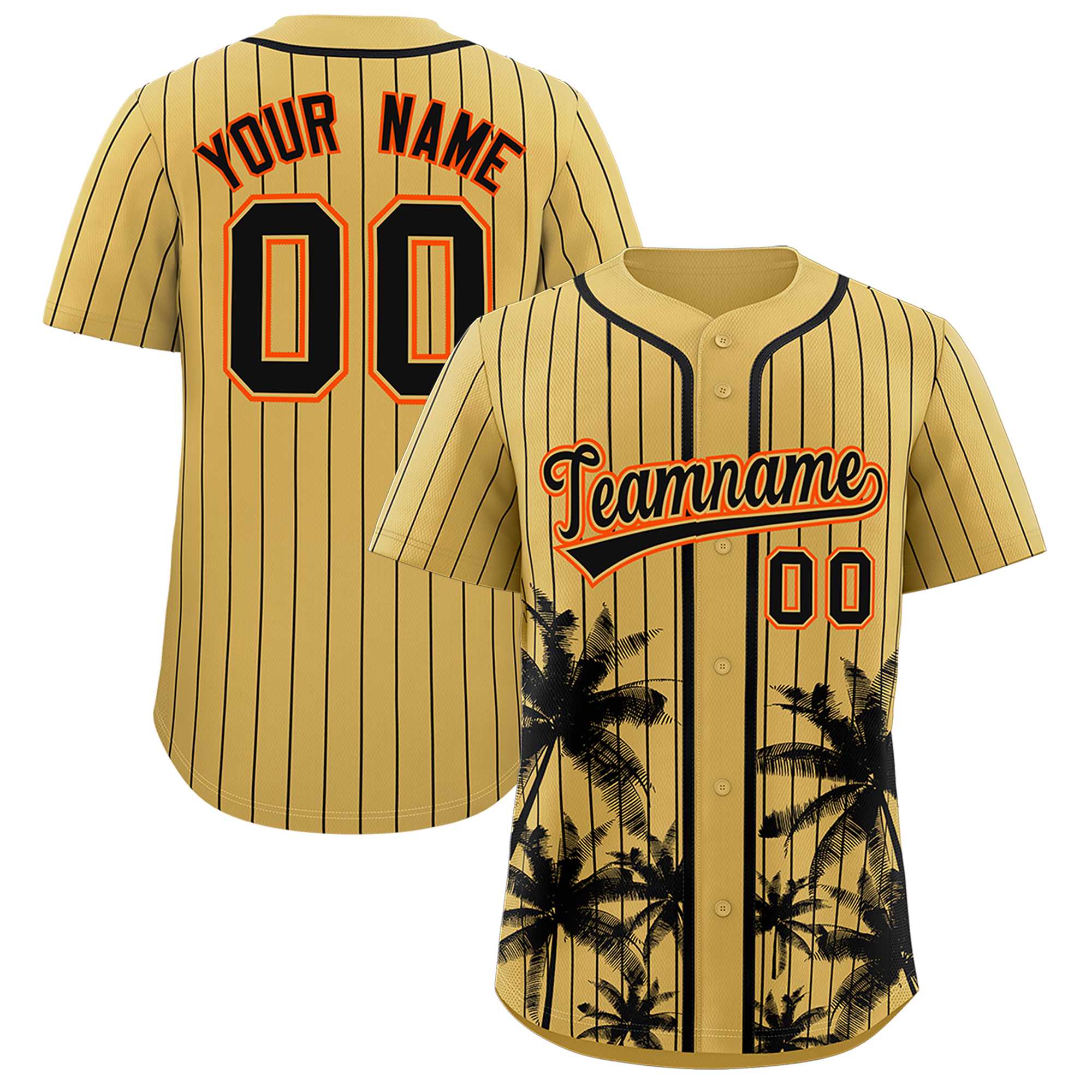 Custom Old Gold Black Pinstripe Coconut Tree Pattern Authentic Baseball Jersey