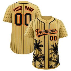 Custom Old Gold Black Pinstripe Coconut Tree Pattern Authentic Baseball Jersey