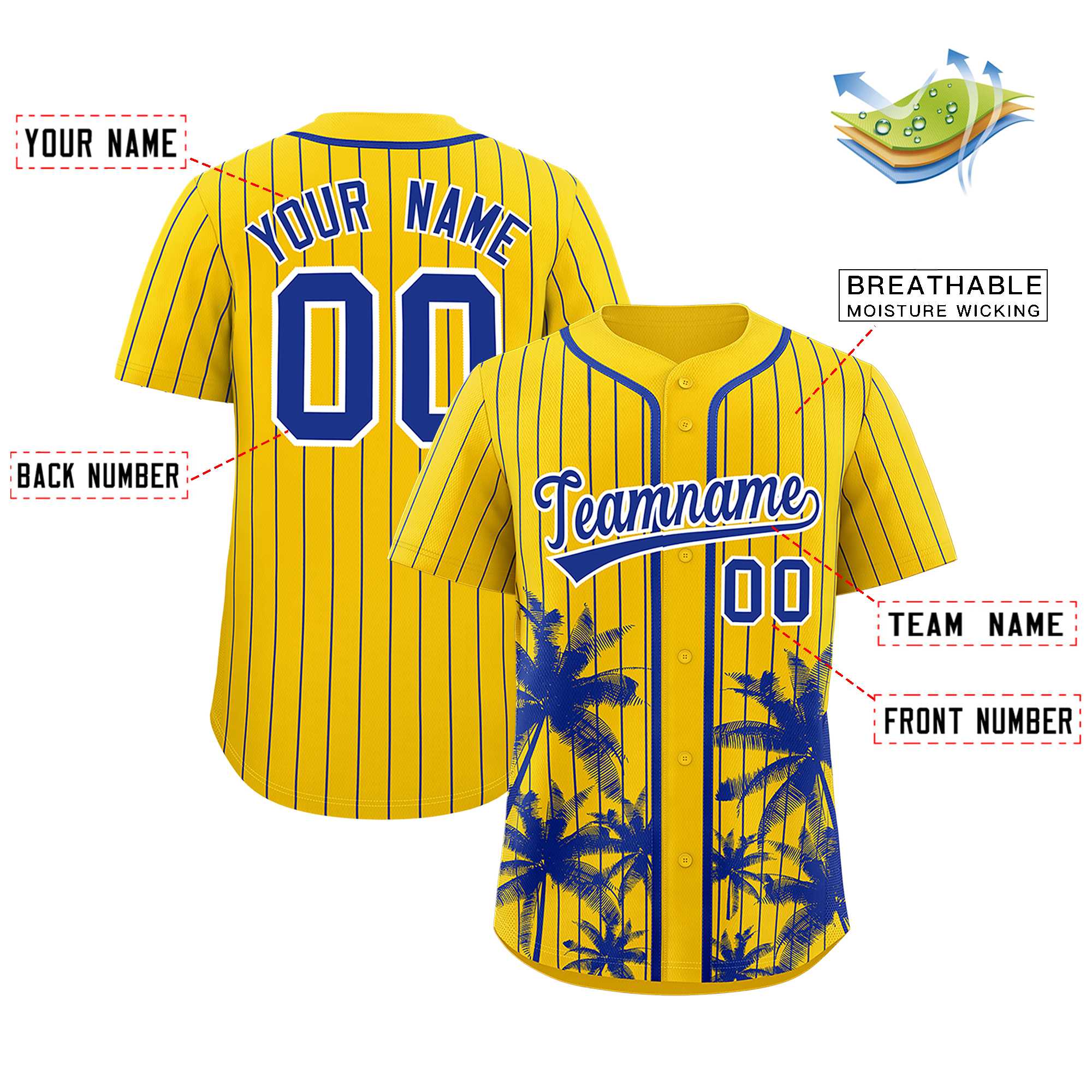 Custom Gold Royal Pinstripe Coconut Tree Pattern Authentic Baseball Jersey