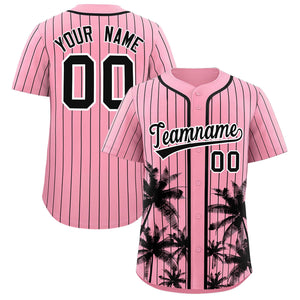 Custom Light Pink Black Pinstripe Coconut Tree Pattern Authentic Baseball Jersey